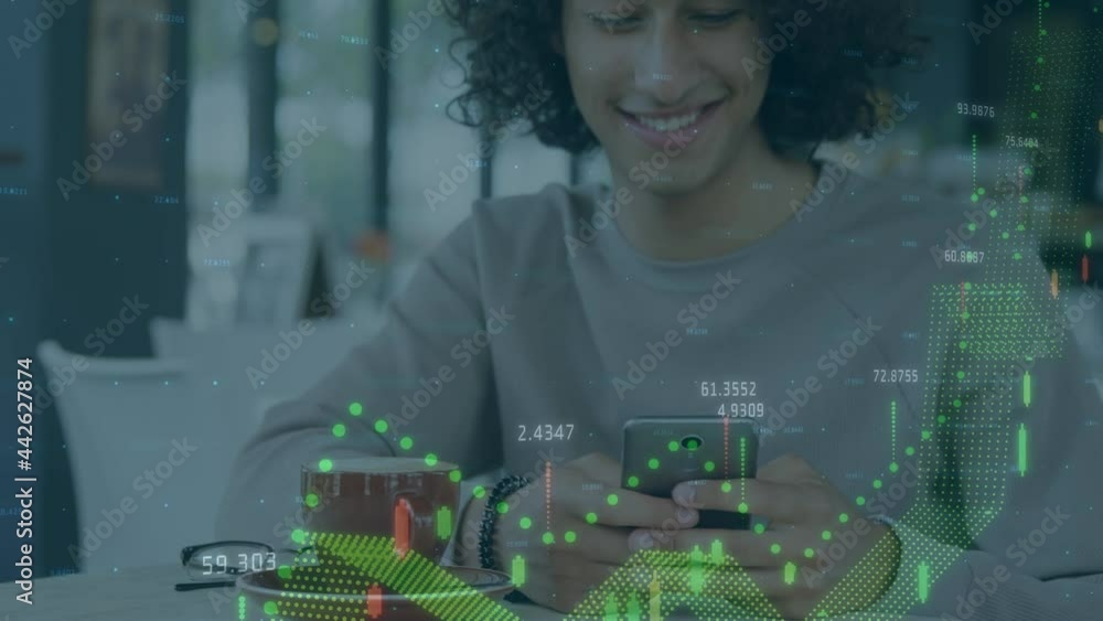 Poster animation of statistics and data processing over businessman using smartphone