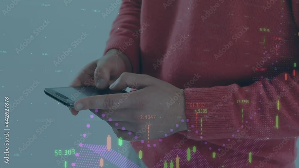 Poster animation of financial data processing over man using smartphone