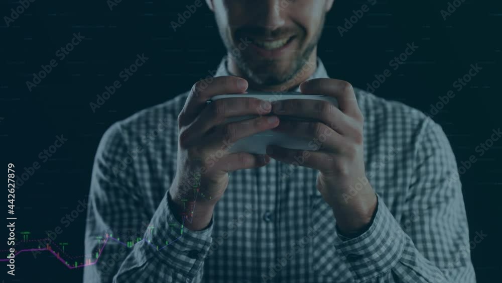 Poster animation of data processing over man using smartphone