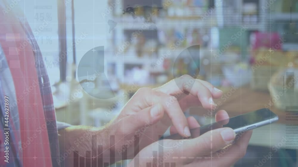 Poster animation of financial data processing over person using smartphone