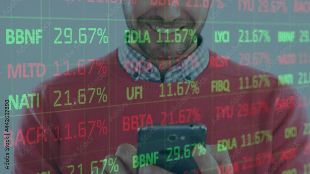Poster animation of financial data processing over businessman using smartphone