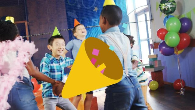 Animation of cone with party streamers over children having fun at party
