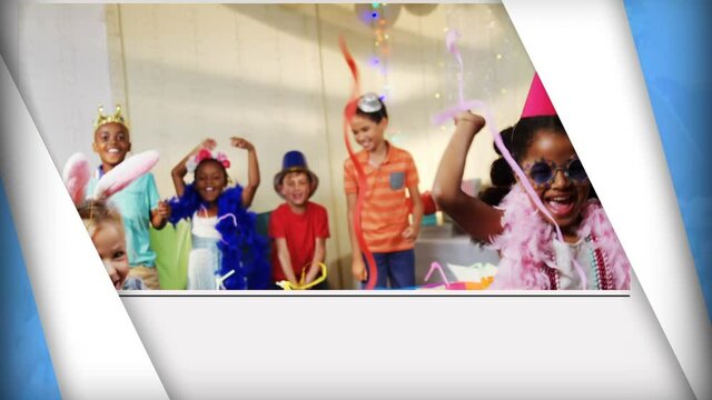 Animation of children having fun at party with white and blue border