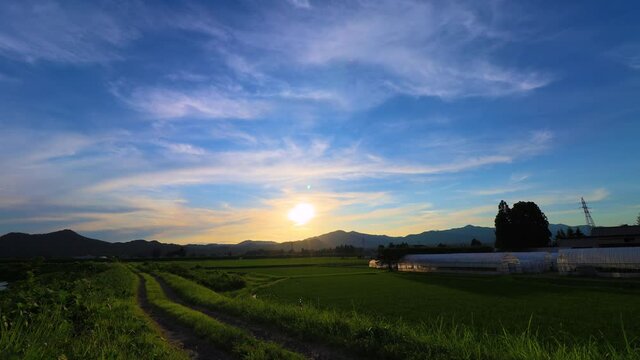 真っ赤な夕焼け空　タイムラプス　6月の田園風景　秋田県