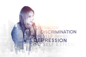 Double exposure of fat woman stand with problems