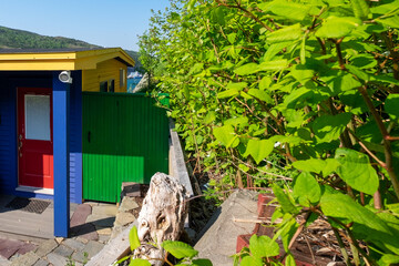 A colourful yellow and deep blue clapboard exterior wall with a bright red metal door. There's a...
