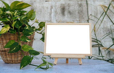 Picture frames placed on a cement table and small trees on the sides.
