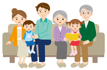 ソファでくつろぐ幸せな3世代6人家族のイラスト/白背景	