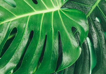 Big Monstera green leaves on green background. Tropic palm leaf close up with water drops. Summer Template, flat lay.