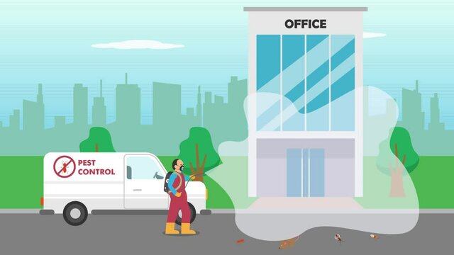 Pest control worker spraying insecticide at office