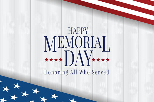Memorial Day of the heroes of America. Happy weekend or sales vector background. American flag on free copy space background for your text with wood texture. Illustrator Vector Eps 10.