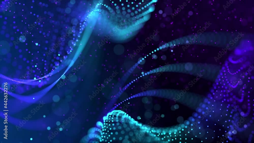 Poster abstract motion epic dark blue and purple shiny digital particles wave flow dotted lines background 