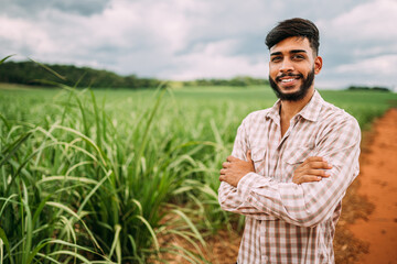 Young Latin farmer working on sugarcane plantation. Brazilian farmer.
