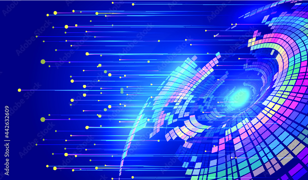 Poster colored spiral blocks emit light on internet tech tech background.