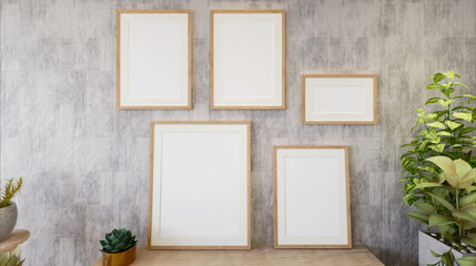 Fototapeta premium The living room is decorated with furniture, small plant pots and picture frames.