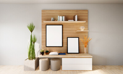 The living room is decorated with furniture, small plant pots and picture frames.