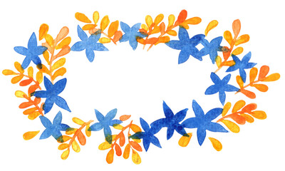 Yellow leaves and blue flower wreath watercolor for decoration on Autumn season and natural concept.