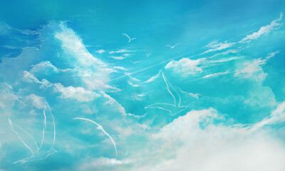 夏空と鳥の風景イラスト（水色）