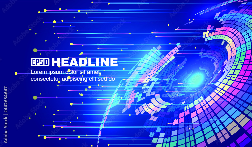 Poster colored spiral blocks emit light on internet tech tech background.