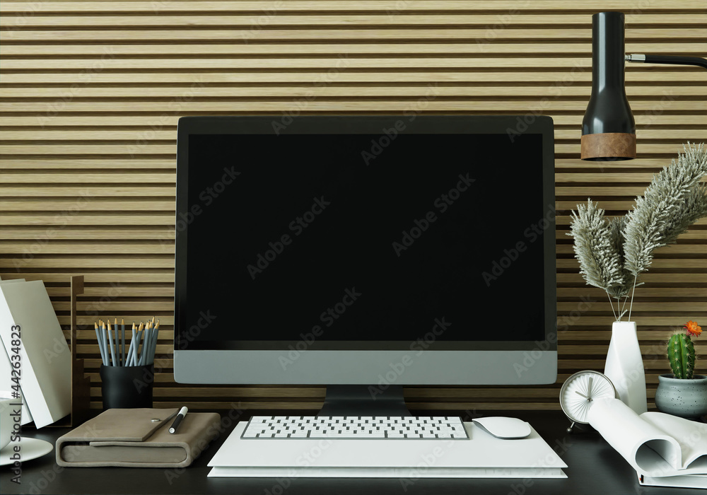 Poster a working room with a computer placed on the table