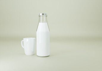 A bottle of milk with a glass placed on a white background.