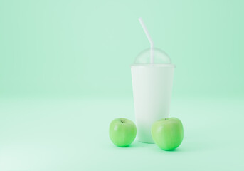 Glass for apple juice on cyan background, 3d