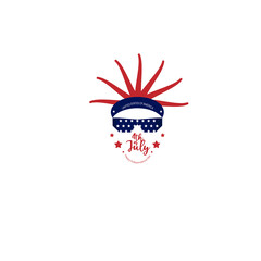 Statue of Liberty isolated head illustration with sunglasses. American Independence Day celebration greeting.