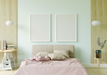 Bedroom with bed and picture frame mounted on the wall. 3d style.