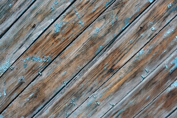 Diagonal light blue and brown old wooden wall with rusty nails background
