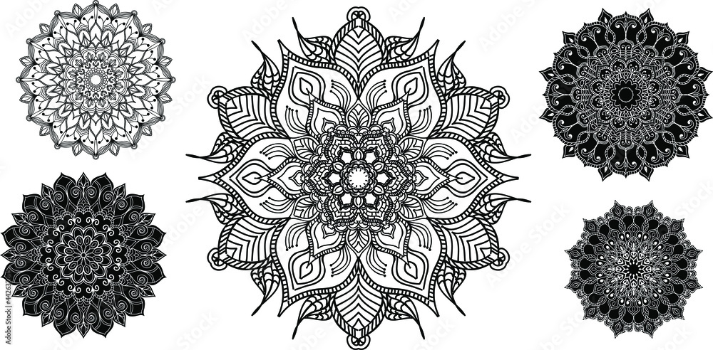 Poster monochrome set of mandalas. round abstract objects isolated on white background. ethnic decorative e
