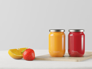 Strawberry Jam and Orange Jam in a Jar with Strawberry and Orange