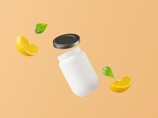 A bottle used for packing orange juice with oranges.