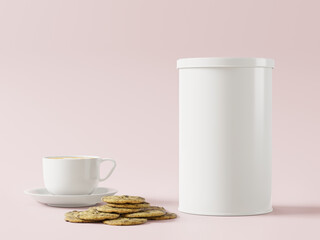 Cans, coffee cups and cookies are placed on the floor.