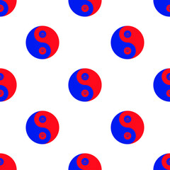 Yin and yang with happy face in red and blue. Vector seamless pattern
