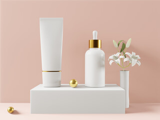 Cosmetic bottle with tube squeeze and dropper on pink background