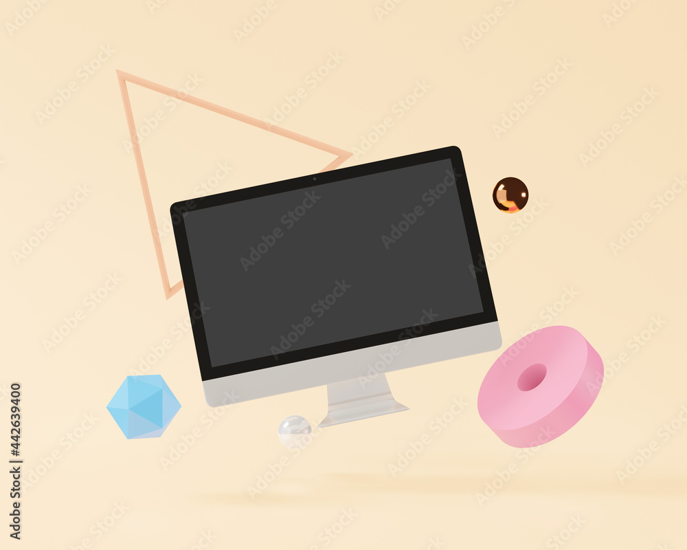 Poster a pc computer is located on the floor with a set of geometric figures on the side.