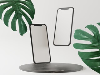 A smartphone placed on a platform on a white background