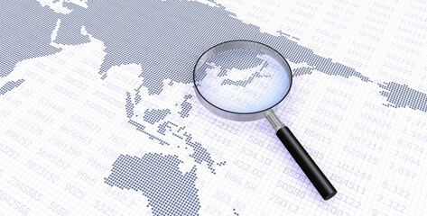 数字と世界地図（アジア）、虫メガネ © yoshitaka