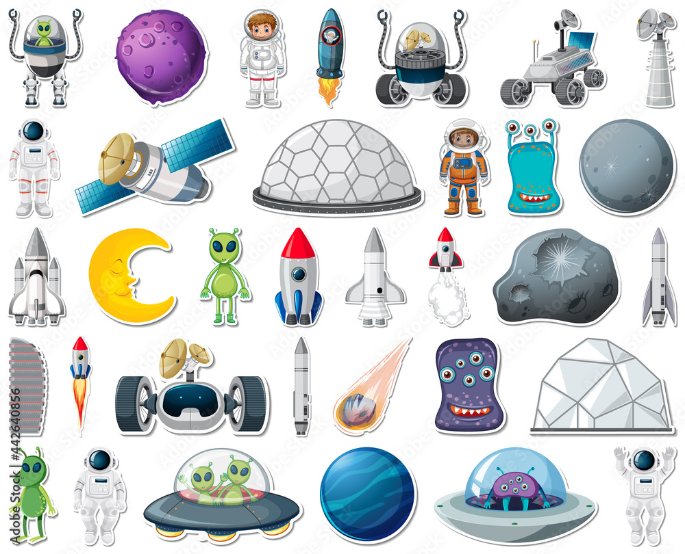 Wall mural set of stickers with solar system objects isolated