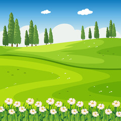 Park outdoor scene with flower field and blank meadow