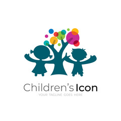 Tree logo and children design combination, colorful style