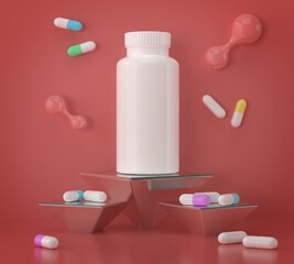 A white plastic bottle for medicine on a red background