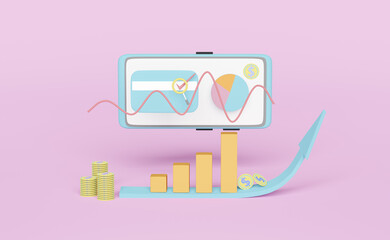 mobile phone with charts and graph, analysis business financial data, Online marketing isolated on pink pastel background ,3d illustration or 3d render
