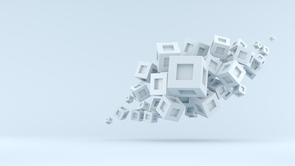 Abstraction background from flying cubes on a blue background. 3d render illustration.