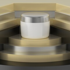 The white cream jar is placed on a gray and gold layer.