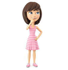 Cartoon character girl in a pink striped dress thoughtful. 3d render.