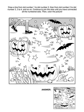 Halloween connect the dots picture puzzle and coloring page with witch hat. Answer included.
