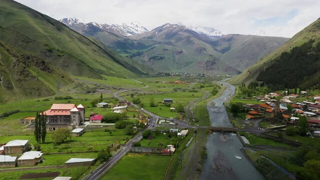 Drone shot of Juta Georgia in the Caucasus mountains