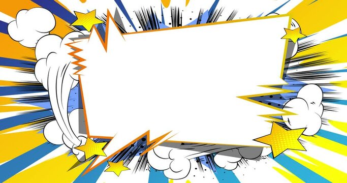 Comic book speech bubble going forth and back on blue and yellow background. Vintage backdrop for your text. Cartoon animation. White text box slow bouncing motion.