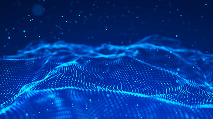 Digital technology background. Abstract dynamic wave of connected dots and lines on dark background. Wave of bright particles. Big data. 3d rendering.